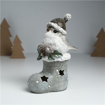 Фигурка светящаяся «Воробышек в колпаке сидит на новогоднем сапоге», серый, 7.6×9.5×15 см