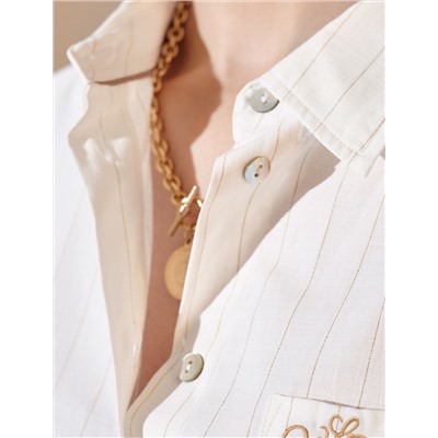 Блузка в полоску свободного силуэта с карманом из хлопка с добавлением льна