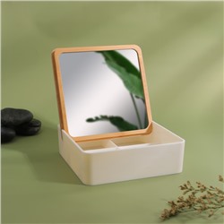 Органайзер для хранения Bamboo, шкатулка для украшений с зеркалом, 4 секции, 15×15×5 см, белый, коричневый