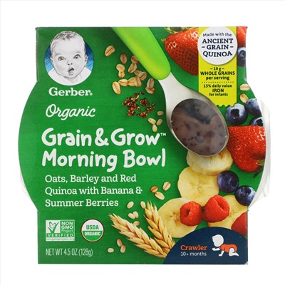 Gerber, Organic, Grain & Grow, Morning Bowl, для малышей от 10 месяцев, овес, ячмень, красная киноа с бананом и летними ягодами, 128 г (4,5 унции)