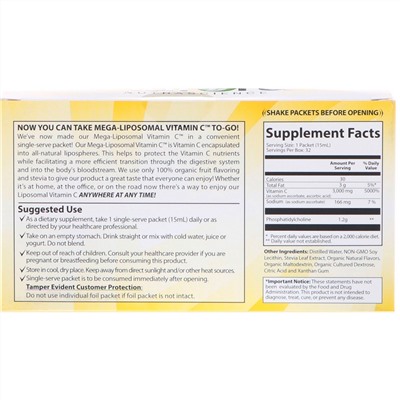 Aurora Nutrascience, Mega-Liposomal Vitamin C, липосомальный витамин C, 3000 мг, 32 порционные упаковки по 15 мл (0,5 жидк. унции)