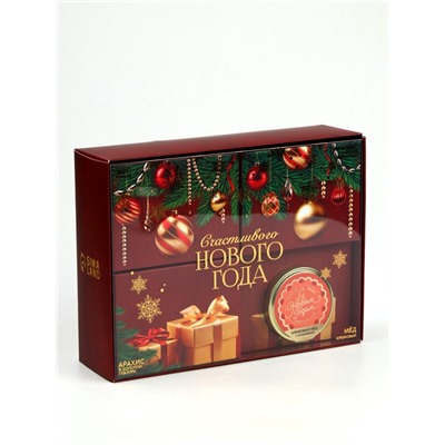 Подарочный набор новогодний «Счастливого нового года», чай чёрный 50 г, арахис 100 г, ананас 100 г, крем-мёд 120 г