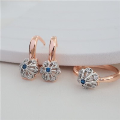 Комплект ювелирной бижутерии коллекция "Дубай" серьги и кольцо 18 р, покрытие позолота, вставка: фианиты, цвет: синий, арт.213.971-18