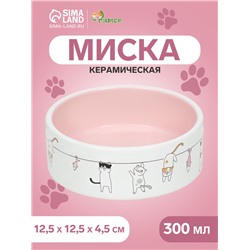 Миска керамическая «Весёлые котики» 300 мл 12.5×4.5 см, бежево-белая