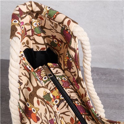 Сумка пляжная на молнии 45х32х14 см Совушка бежевый / BB23 /уп 1/