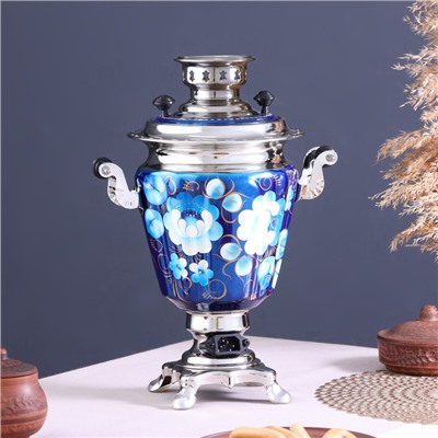 Набор посуды «Жостово на синем», 3 предмета: самовар 3 л, заварочный чайник 0.7 л, поднос