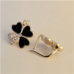 Серьги клевер ювелирная бижутерия Итальянское золото (покрытие желтое 14к), вставка: фианиты и пластик, цвет: прозрачный и черный, арт.217.426