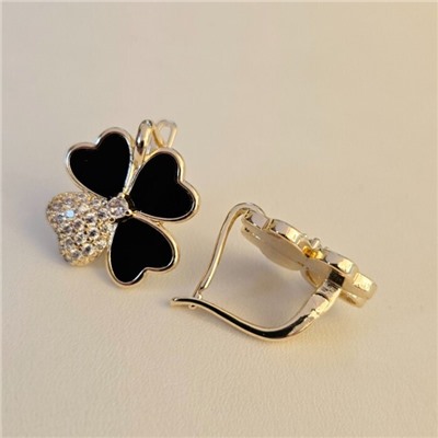 Серьги клевер ювелирная бижутерия Итальянское золото (покрытие желтое 14к), вставка: фианиты и пластик, цвет: прозрачный и черный, арт.217.426