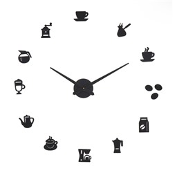 Часы настенные интерьерные для кухни, 3d «Время кофе», наклейка, большие, d=120 см, чёрные