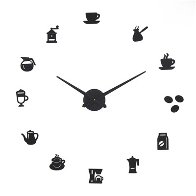 Часы настенные интерьерные для кухни, 3d «Время кофе», наклейка, большие, d=120 см, чёрные