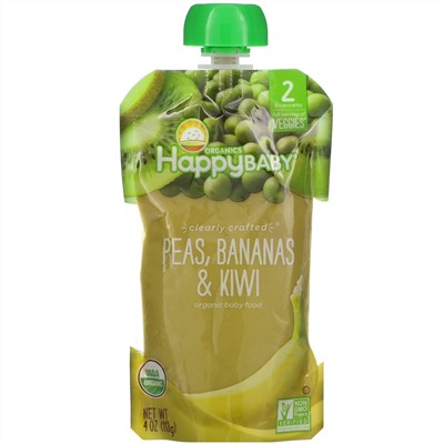 Happy Family Organics, Happy Baby, Organic Baby Food, Stage 2, 6+ Months, Peas, Bananas & Kiwi,  4 oz (113 g)