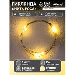 Гирлянда «Нить» 1 м роса, IP20, серебристая нить, 10 LED, 3 режима, батарейка AG13×3 (в комплекте), свечение тёплое белое