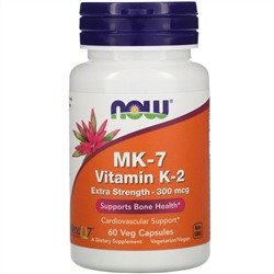 Now Foods, MK-7, витамин K-2, повышенная сила действия, 300 мкг, 60 растительных капсул