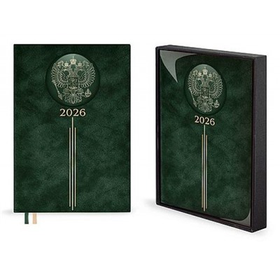 Ежедневник 2026 г. А5 352 стр. 70252 "ТИВОЛИ ЗЕЛЁНЫЙ" кожзам,3D-дизайн (герб РФ) Феникс