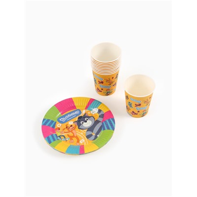 Посуда одноразовая бумажная на 10 персон «Простоквашино»: стаканы, тарелки, скатерть, Союзмультфильм