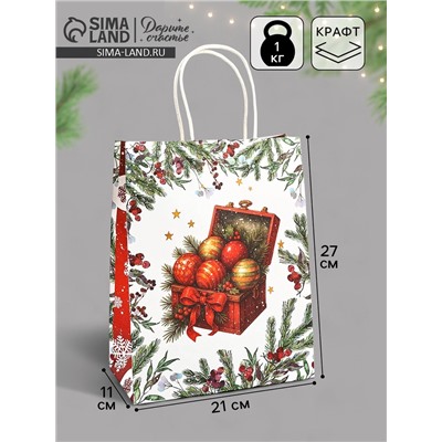 Пакет бумажный подарочный новогодний крафт «Подарки в Новый Год» 27×21×11 см