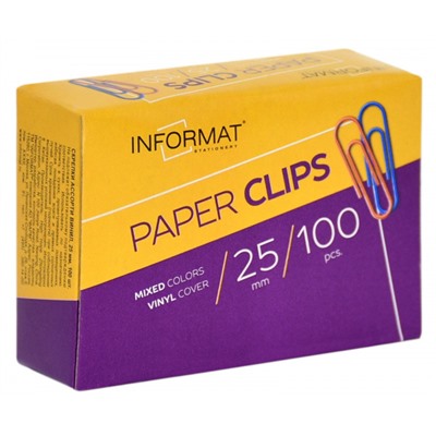 Скрепки канцелярские 25мм/100шт винил.покрытие SC25-100K inФОРМАТ