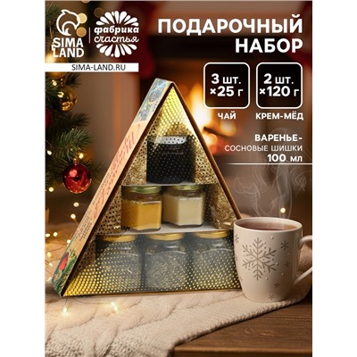 Подарочный новогодний набор «Советский»: чай травяной 25 г × 3 шт., варенье с шишками 100 мл., крем-мёд 120 г × 2 шт.