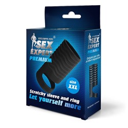 Черная открытая насадка на пенис с кольцом для мошонки XXL-size - 9,4 см.