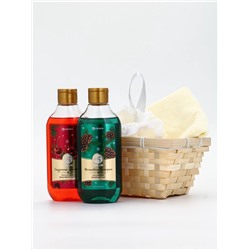 Подарочный набор новогодний в деревянной корзине: гель для душа, пена для ванны и полотенце, аромат хвойный лес и вишнёвый пирог, URAL LAB