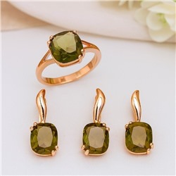 Комплект ювелирной бижутерии коллекция "Дубай" серьги, кулон и кольцо 18 р, покрытие позолота, вставка: фианиты, цвет: оливковый, арт.216.400-18