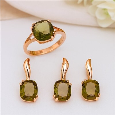 Комплект ювелирной бижутерии коллекция "Дубай" серьги, кулон и кольцо 19 р, покрытие позолота, вставка: фианиты, цвет: оливковый, арт.216.400-19