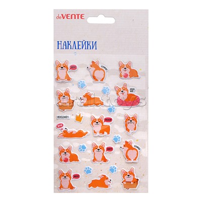 Наклейки мягкие "Корги" размер карточки 10x15 см, puff, объемные, многоразовые, в пластиковом пакете с блистерным подвесом