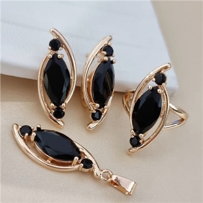 Комплект ювелирной бижутерии коллекция "Дубай" серьги, кулон и кольцо 19 р, покрытие позолота, вставка: стекло, цвет: черный, арт.414.298-19