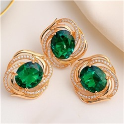 Комплект ювелирной бижутерии коллекция "Дубай" серьги и кольцо 18 р, покрытие позолота, вставка: фианиты, цвет: изумрудный и прозрачный, арт.215.396-18