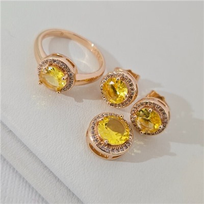 Комплект ювелирной бижутерии коллекция "Дубай"серьги, кулон и кольцо 19 р, покрытие позолота, вставка: фианиты, цвет: желтый и прозрачный, арт.313.262-19