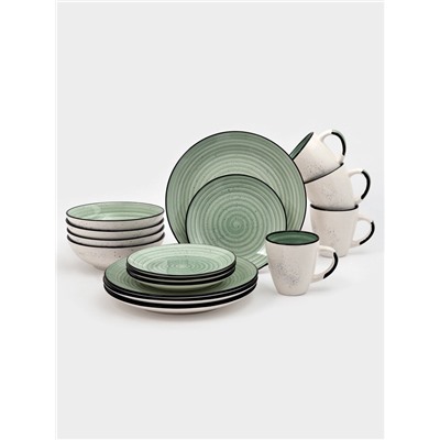 Набор посуды Доляна Nature Тар, 16 предметов: тарелки 8 шт. d=19 см, 27 см, глубокие 4 шт. 830 мл, кружки 4 шт. 400 мл, керамика, зелёный