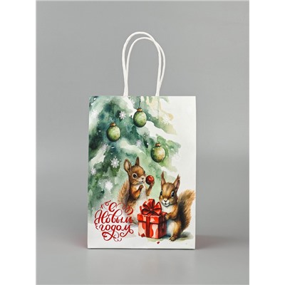 Пакет бумажный подарочный новогодний крафт «Белки» 15×21×8 см