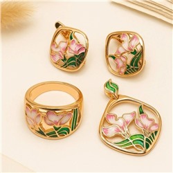 Комплект ювелирная бижутерия коллекция  "Дубай" серьги, кулон и кольцо 20 р, покрытие: позолота, вставка: цветная эмаль и цирконы, арт.313.272-20