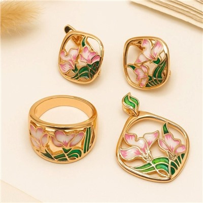 Комплект ювелирная бижутерия коллекция  "Дубай" серьги, кулон и кольцо 19 р, покрытие: позолота, вставка: цветная эмаль и цирконы, арт.313.272-19