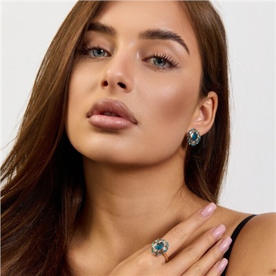 Комплект ювелирной бижутерии коллекция "Дубай" серьги и кольцо 18 р покрытие позолота, вставка: стекло, цвет: голубой, арт.215.572-18