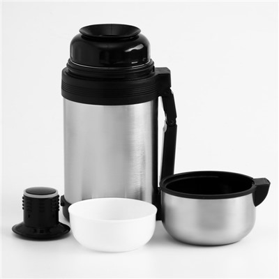 Термос универсальный, 1 л, 12.5×23.5 см, с широким горлом, на ремне, нержавеющая сталь, серебристый, чёрный