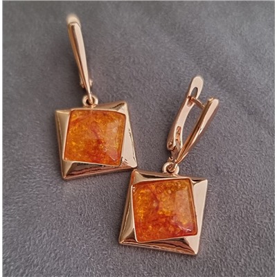Серьги висячие янтарные, покрытие позолота, коллекция "Дубайское Золото", арт. 314.455