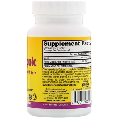 Jarrow Formulas, Alpha Lipoic Sustain with Biotin, 300 mg, 60 Tablets