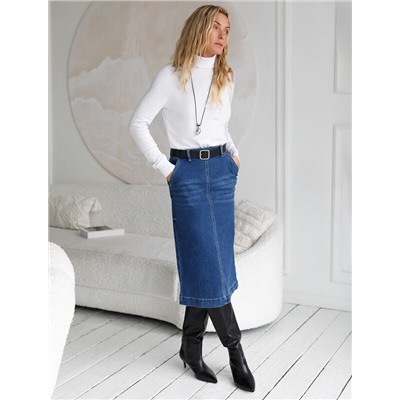 Джинсовая юбка прямая с разрезом и декоративной стиркой  из эластичного денима