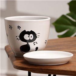 Горшок для цветов «Кот», 1 л, d=15 см, h=13 см, керамика, с поддоном, белый