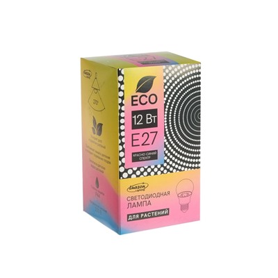 Фитолампа для растений Luazon Lighting, светодиодная, А60, E27, 12 Вт, IP44, 220 В, 270°, мультиспектральная