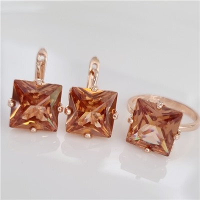 Комплект ювелирная бижутерия коллекция  "Дубай" серьги и кольцо 18 р, покрытие: позолота, вставка: фианиты, цвет: бежевый, арт.215.448-18