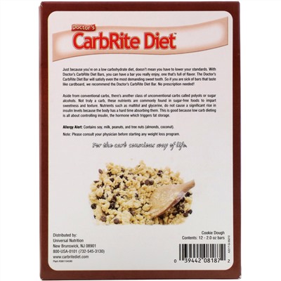 Universal Nutrition, Doctor's CarbRite Diet Bars, Cookie Dough, 12 Bars, 2 oz (56.7 g) Each