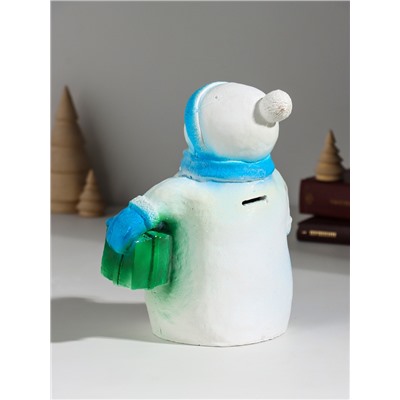 Копилка для денег «Снеговик новогодний с подарком», гипс, 19 см, голубой