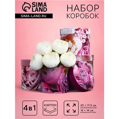 Набор шляпных коробок для цветов 4 в 1, упаковка подарочная, «Пионы», 20×17.5 - 16×14 см