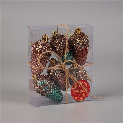 Ёлочные игрушки 6 шт. «Шишка Феерия» 8×3.5 см, зелёно-золотой