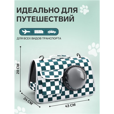 Сумка - переноска, 43×24×28 см, с органайзером и иллюминатором, белая, зелёная