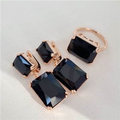 Комплект ювелирная бижутерия коллекция  "Дубай" серьги и кольцо 19 р, покрытие: позолота, вставка: фианиты, цвет: черный, арт.313.139-19
