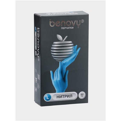 Перчатки Benovy, нитриловые, медицинские, 3 г, размер L, 50 пар, голубые