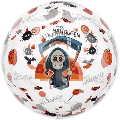 Шар с клапаном (18''/46 см) Сфера, Хэллоуин, Смерть с косой, Прозрачный, Кристалл, 1 шт. в уп.